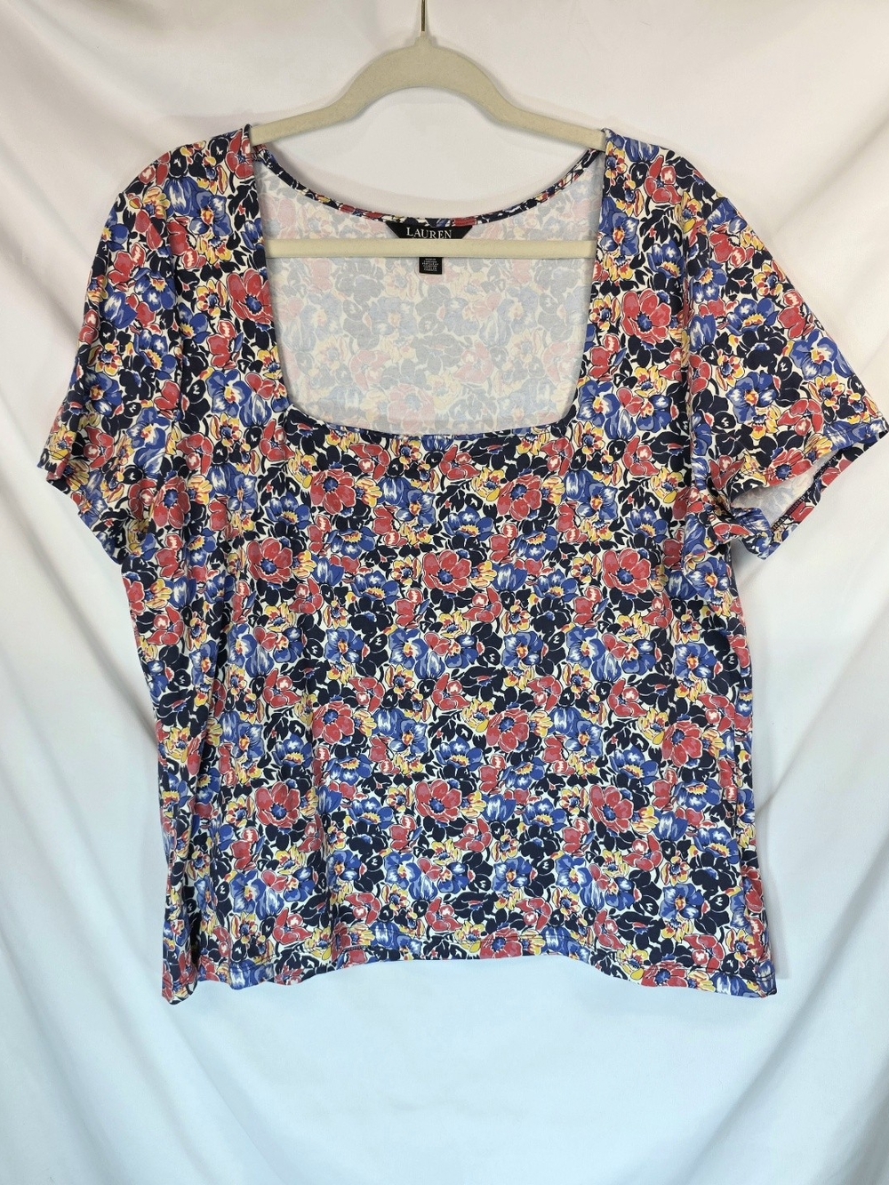 Lauren Ralph Lauren 2X Botanical Top Square Neck Y2K Preppy Bold Print Jersey